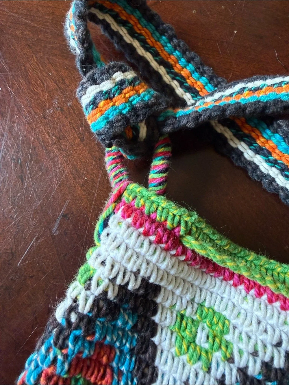 Crochet Bucket Bag Multicolor Geo Pattern Boho Festival Hippie Beaded Purse